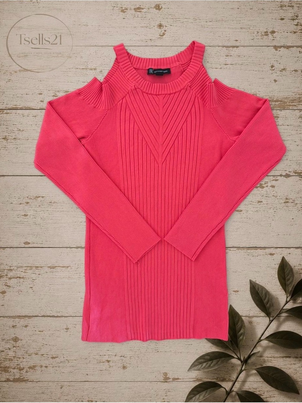 INC International Concepts Coral Cold Shoulder Ribbed Knit Sweater - Size M